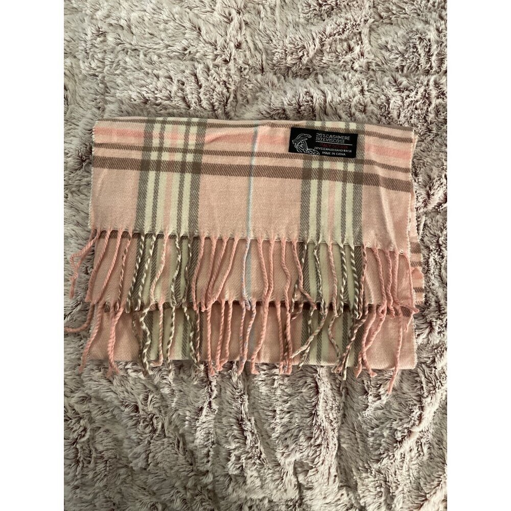 Plaid Cashmere & Viscose Scarf 66..5 “ x 12 “ . Pink, brown,‎ white & blue